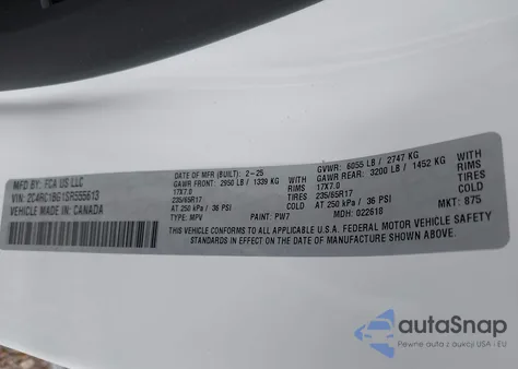 2025 Chrysler Pacifica Select z USA, uszkodzony, nr VIN 2C4RC1BG1SR555613